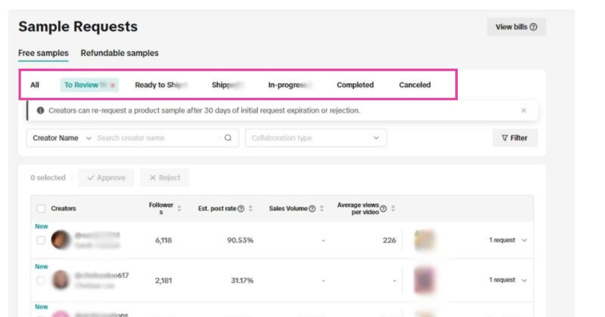 TikTok Shop Sample Requests Dashboard 