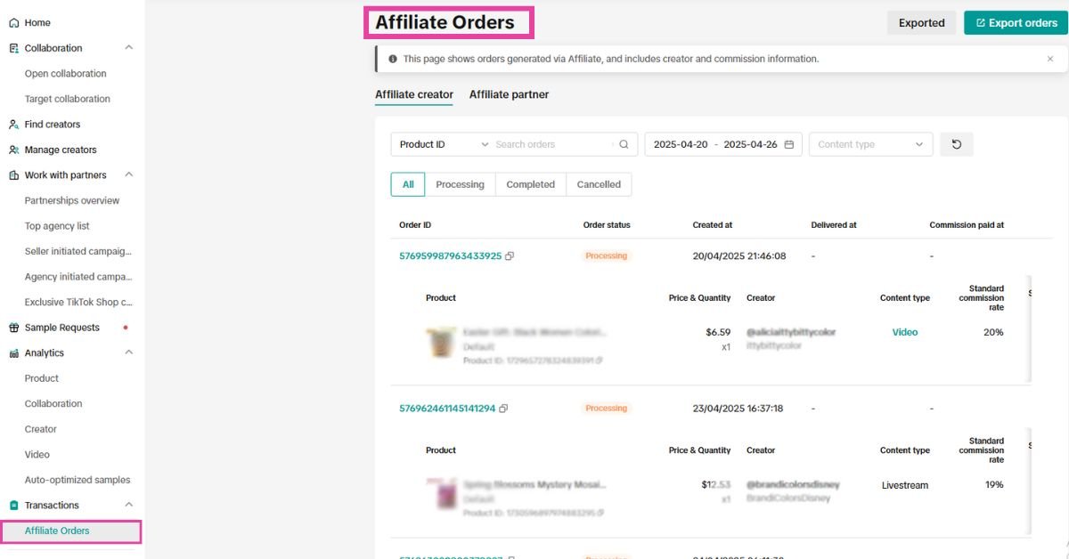 TikTok Shop Affiliate Orders Dashboard