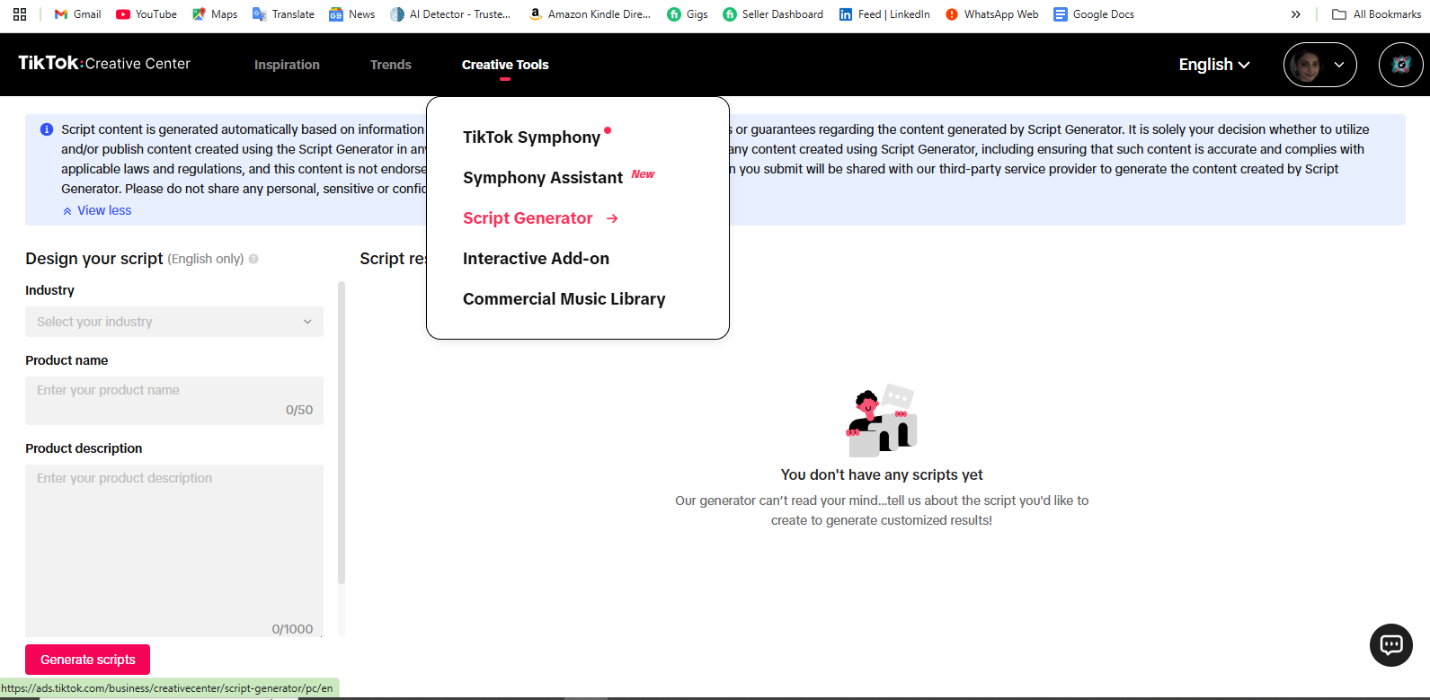 Tiktok creative script generator