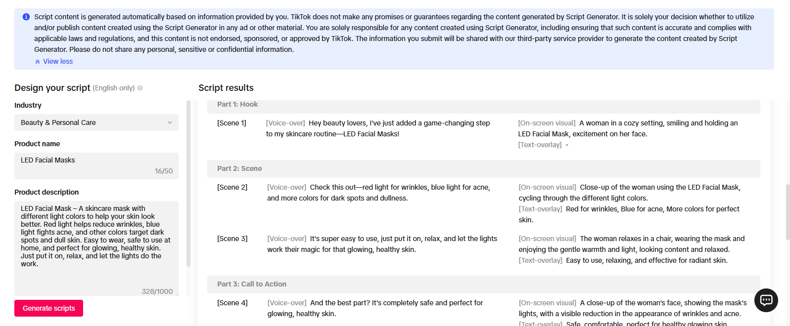 Tiktok creative script generator for various prompts