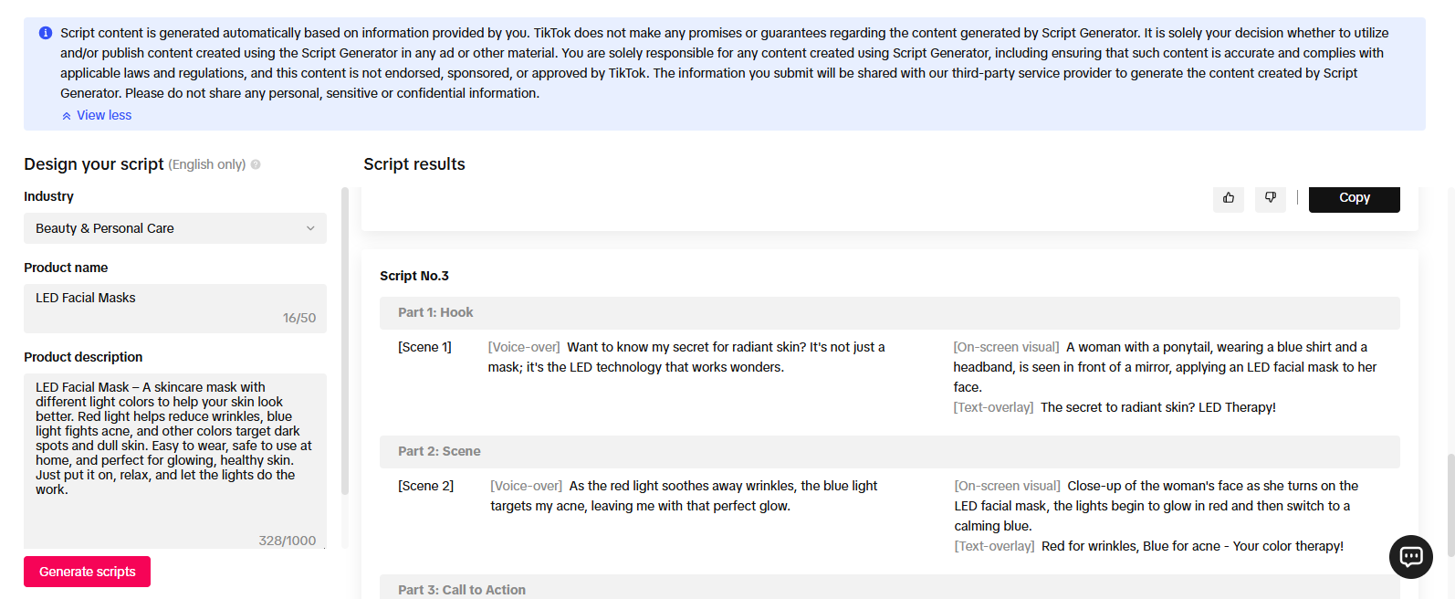 Tiktok creative script generator for various prompts across multiple brands