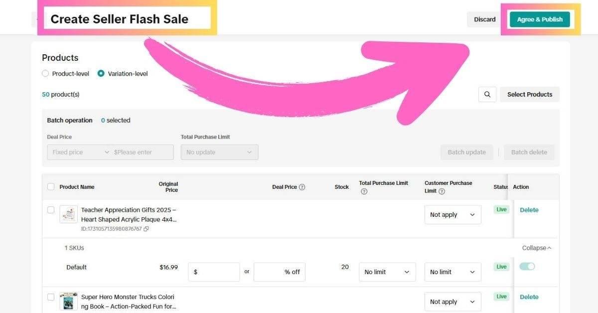 Ceating Fash deal dashboard on TikTok shop