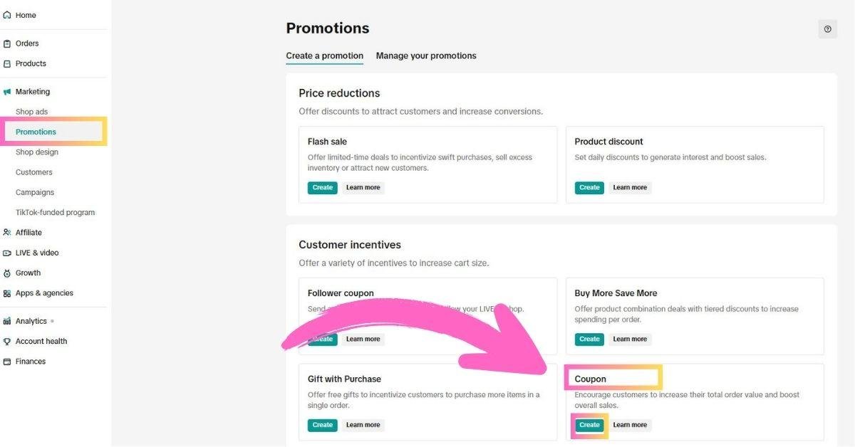 Accessing coupon code section in TikTok shop