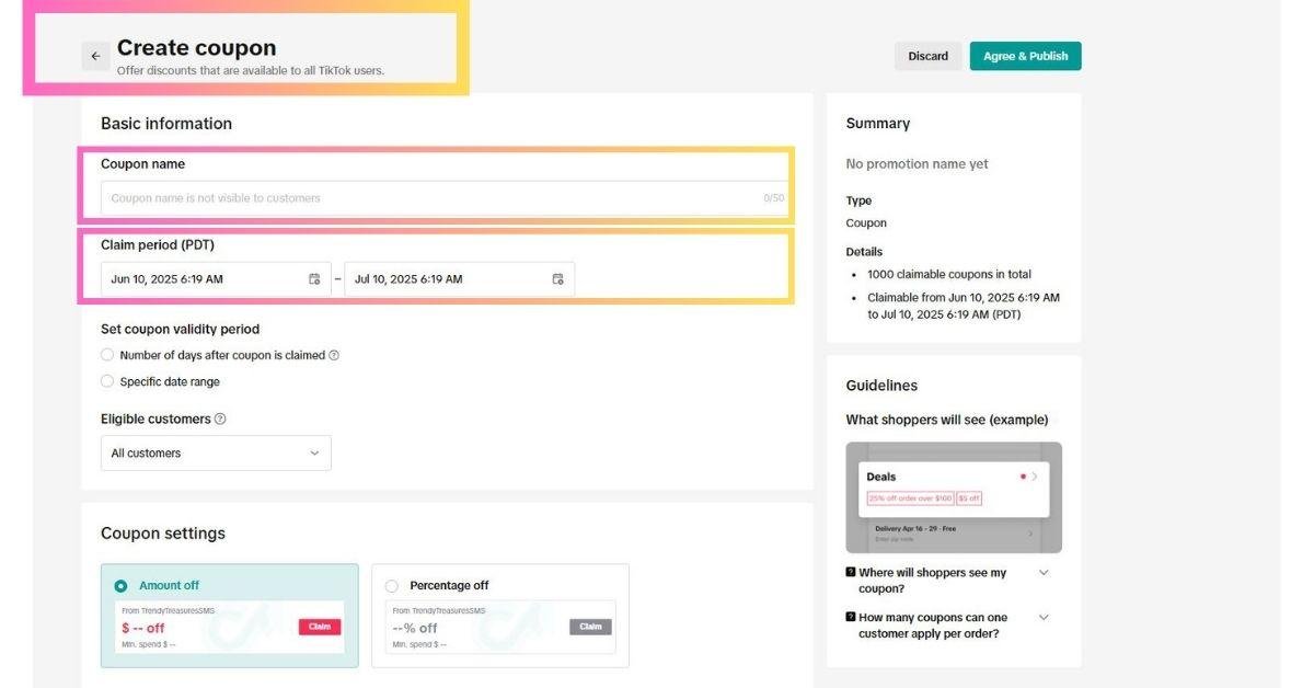 Create coupon in TikTok shop