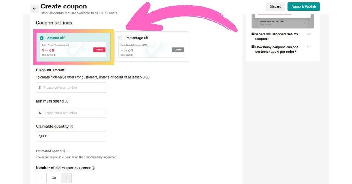 Coupon setting in TikTok shop
