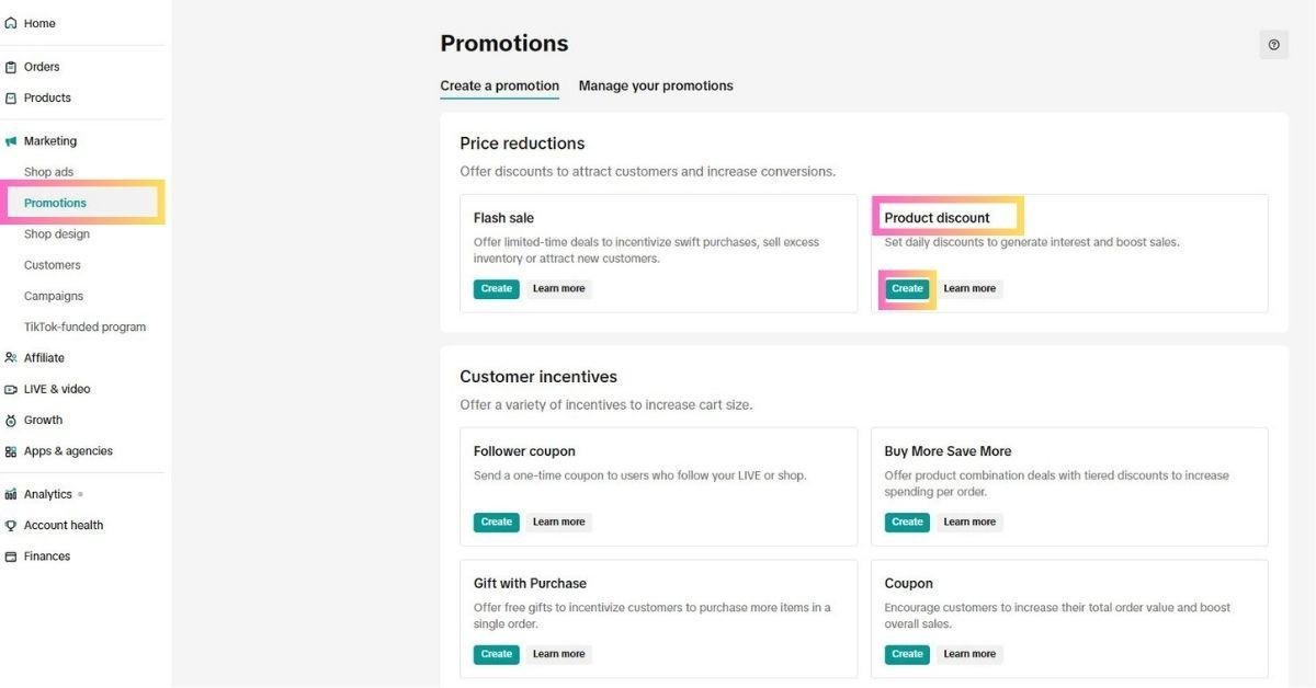Tiktok shop product discount promotion tools