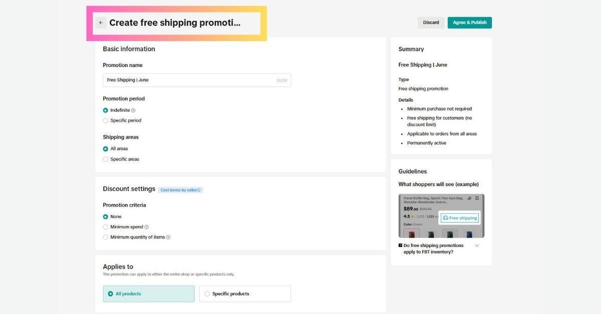 Creating free shipping promotion on Tiktok shop