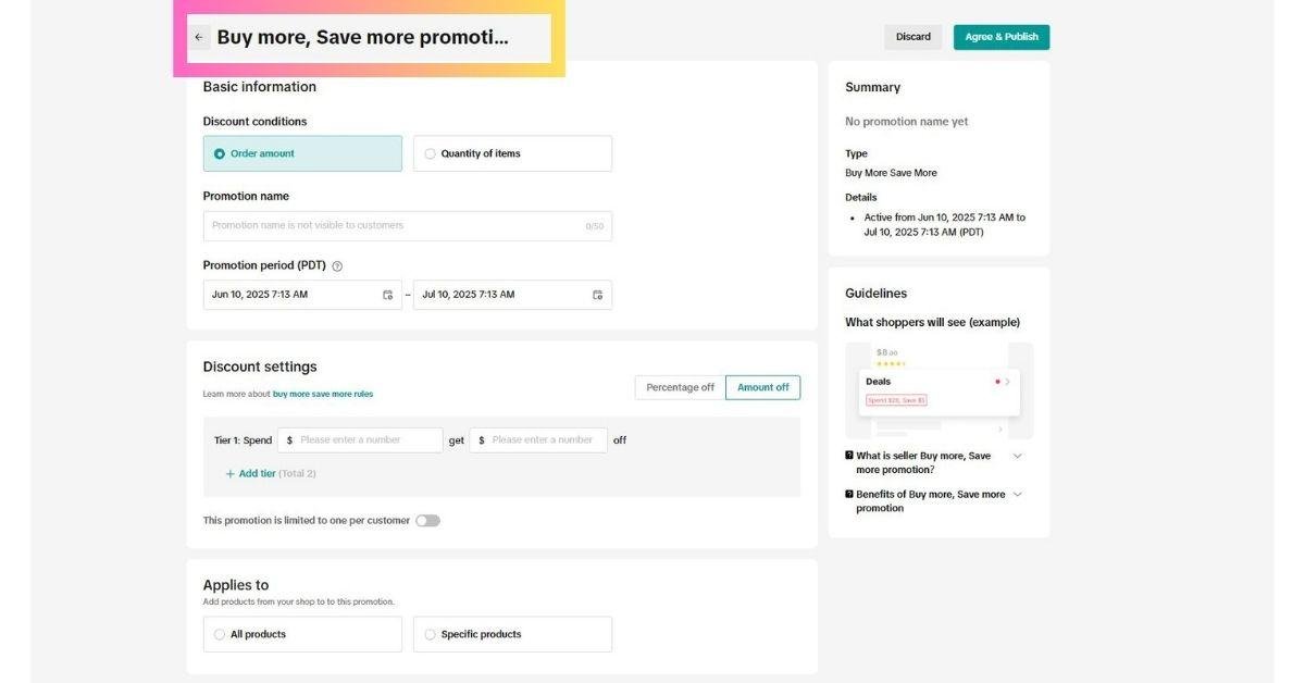Buy more save more promotion on TikTok shop dashboard