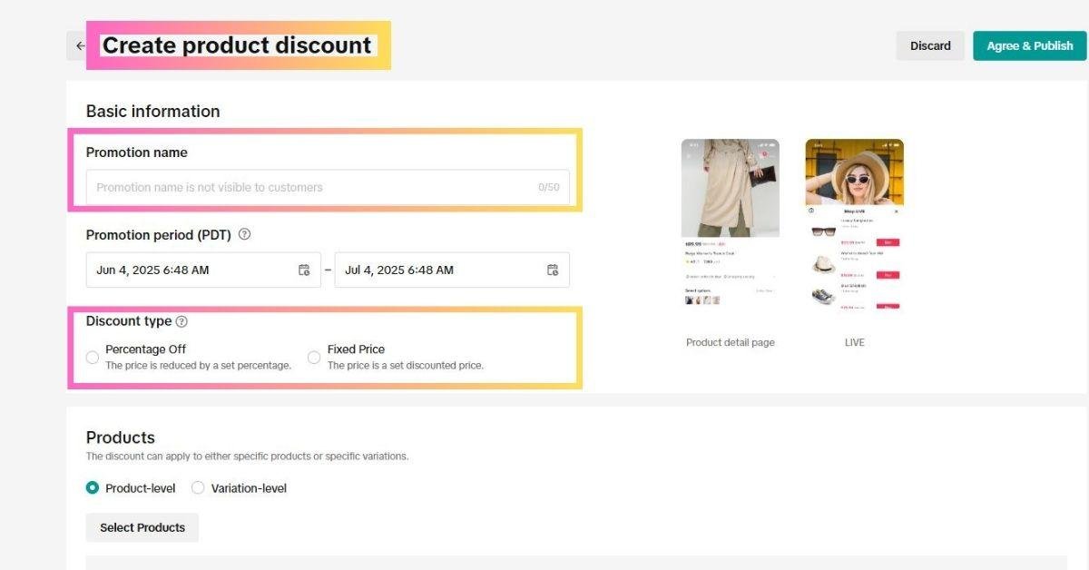 Creating product discount on TikTok shop