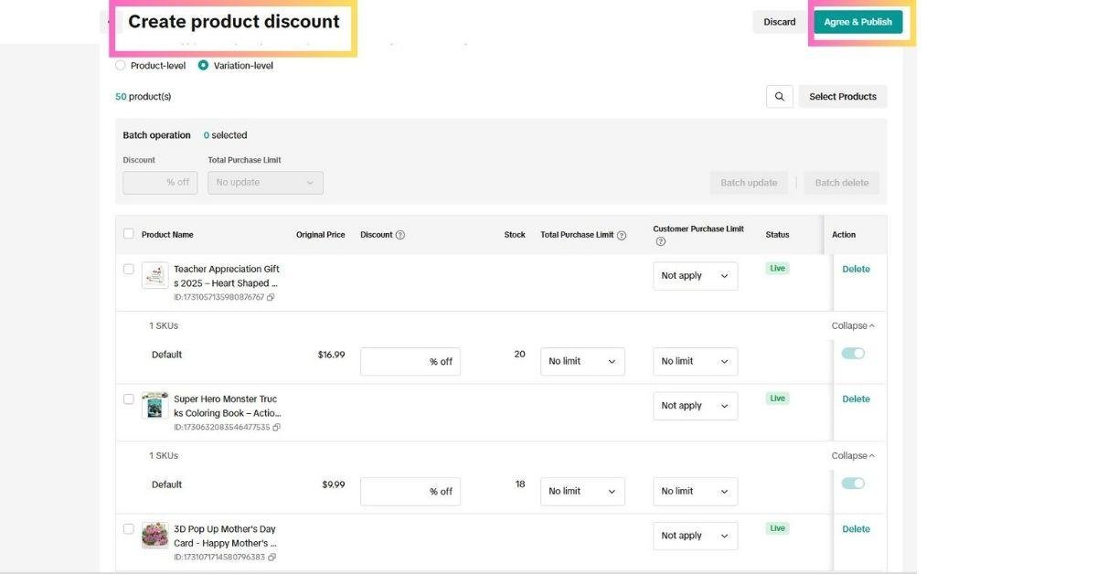 Adding prodict discount on tiktok shop