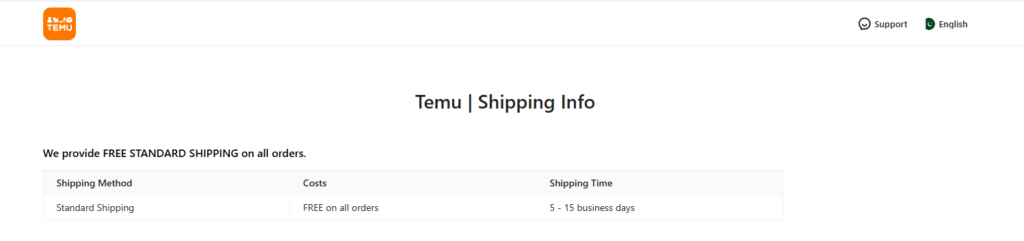 Temu Shipping Details