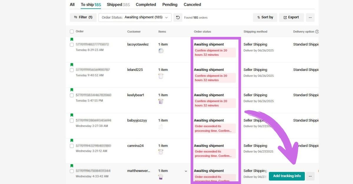 adding tracking to late dispatch orders