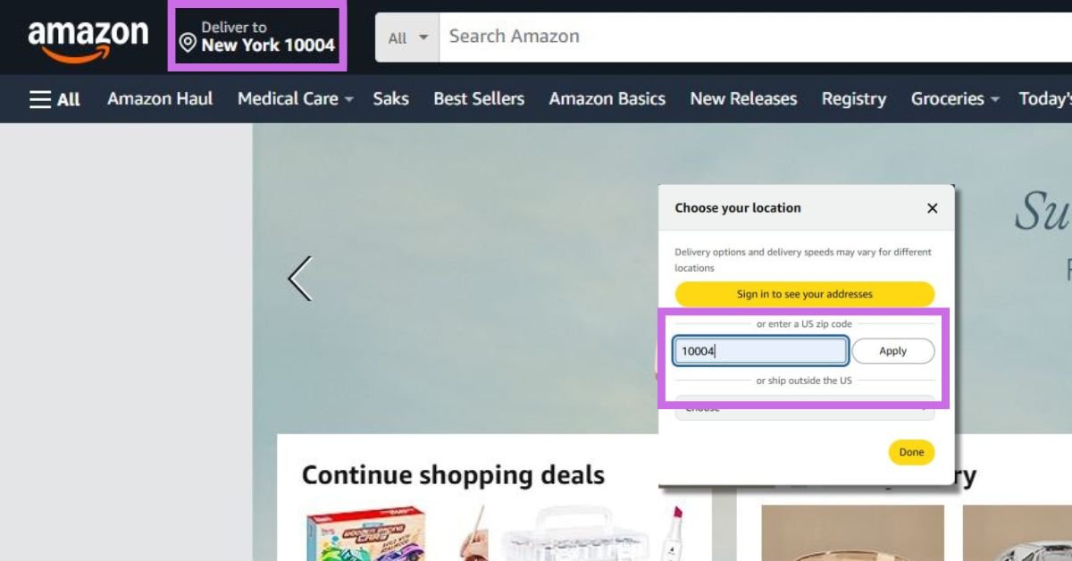 Addresss slection on Amazon