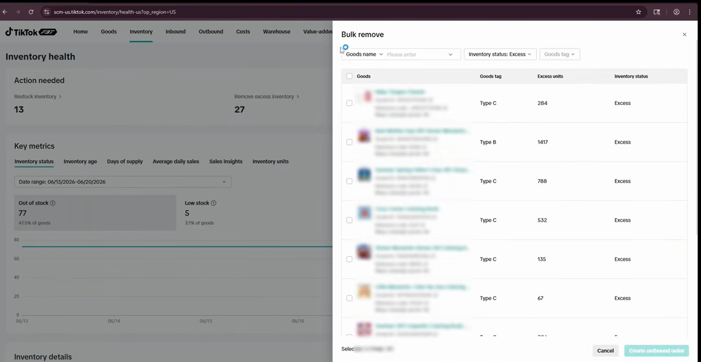 TikTok Shop FBT excess inventory list with the option to remove excess stock