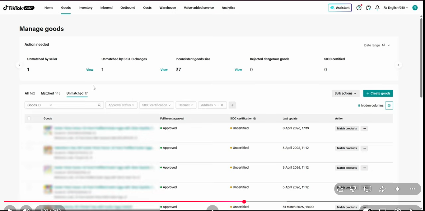 TikTok Shop stranded inventory section showing affected inventory and management options