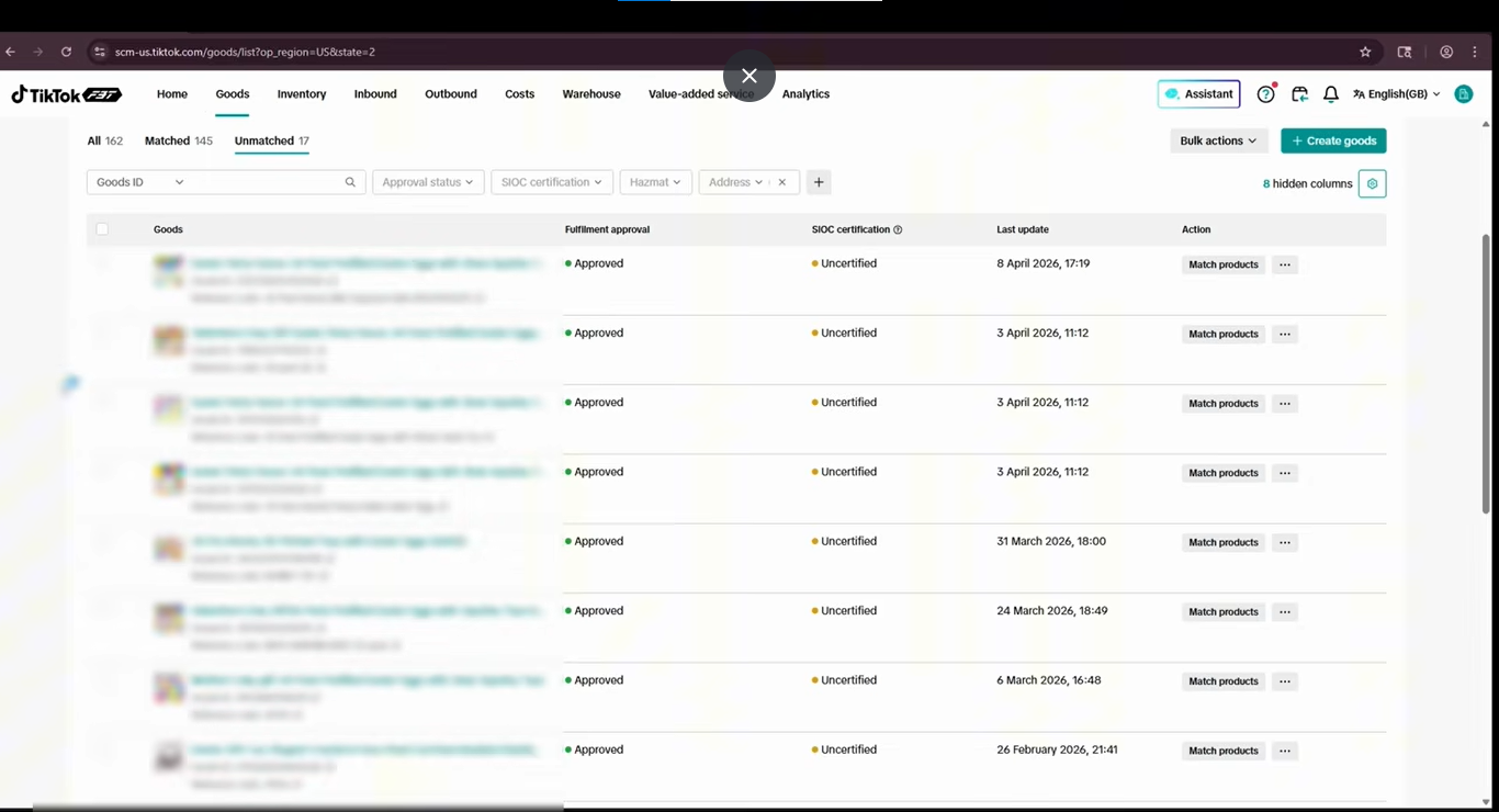 TikTok Shop unmatched products section showing products that need inventory or listing checks