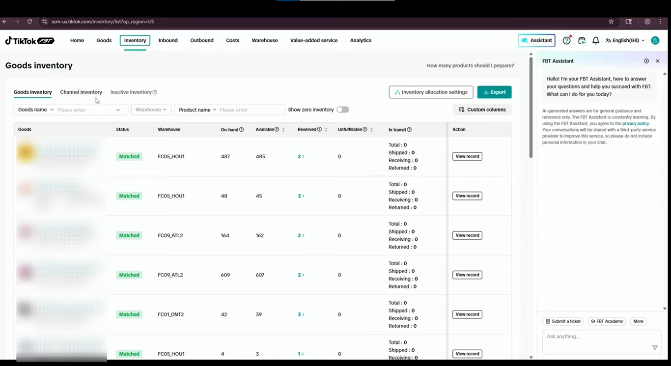 TikTok Shop Seller Center showing the FBT goods, channel, and inactive inventory sections.
