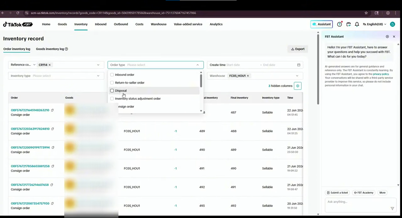 TikTok Shop FBT product inventory record showing stock movement details.