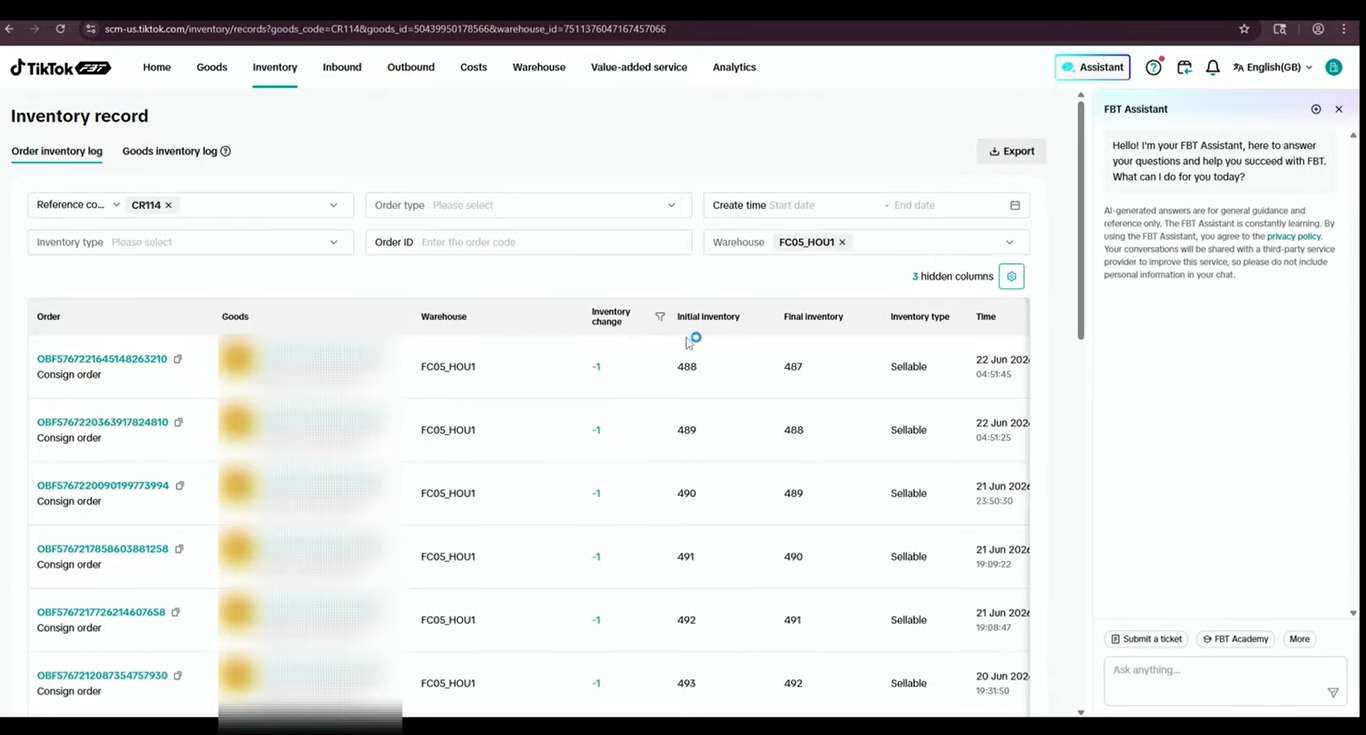 TikTok Shop FBT inventory history showing initial and final stock quantities.