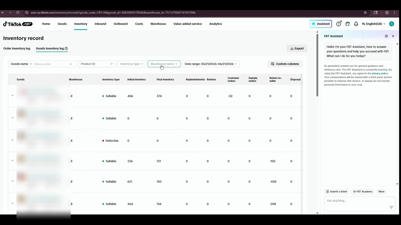 TikTok Shop Seller Center Goods Inventory Log showing product filters and inventory changes.