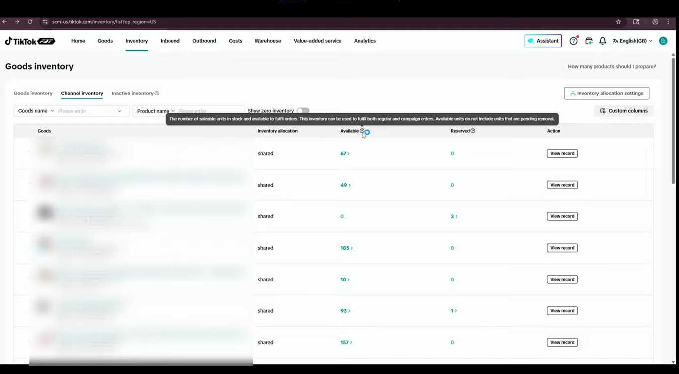 TikTok Shop FBT Channel Inventory showing available and reserved product quantities.
