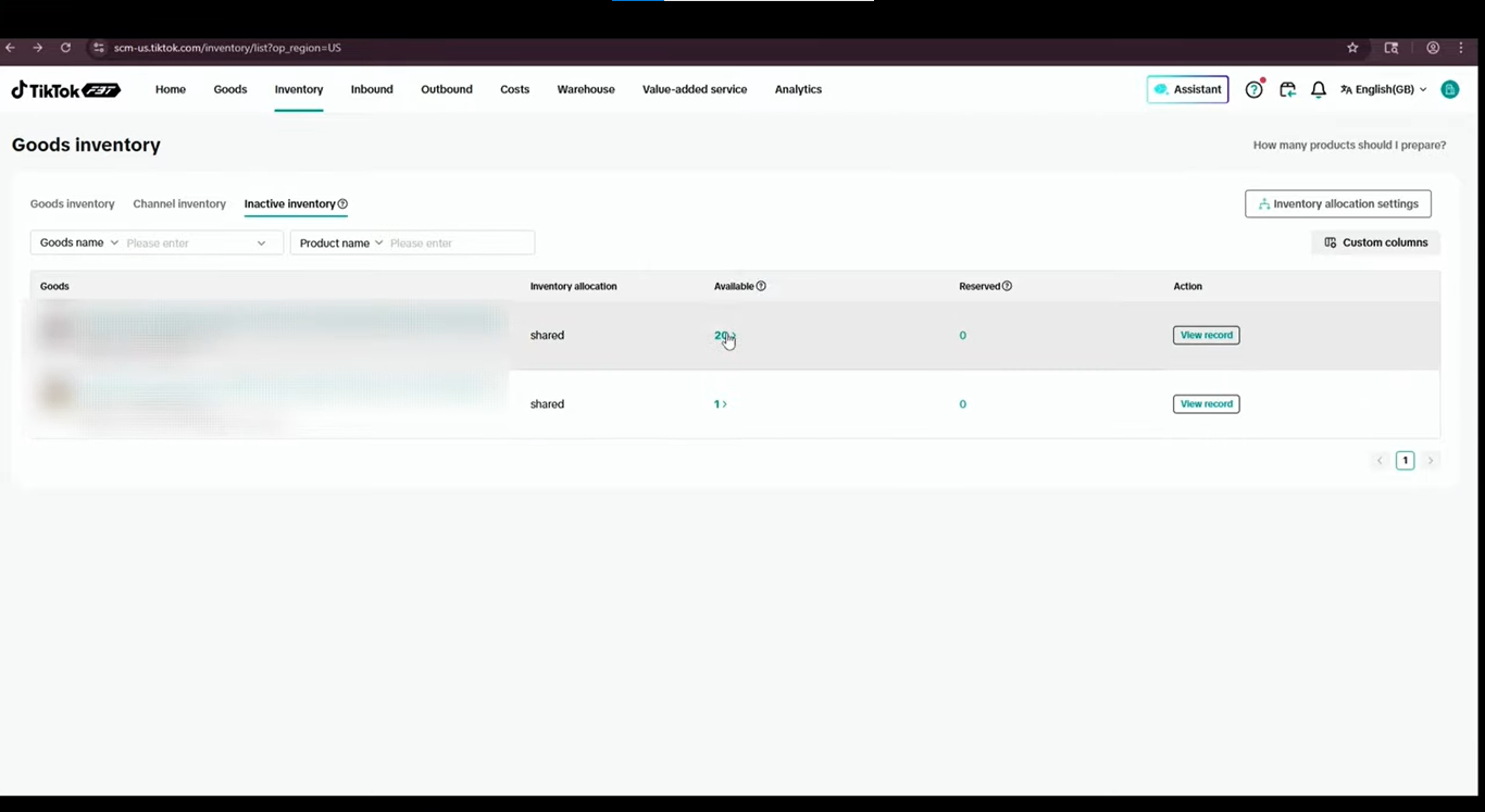 TikTok Shop FBT Inactive Inventory showing stock levels for a slow-selling product.