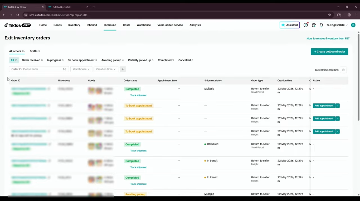 TikTok Shop FBT Exit Inventory dashboard displaying outbound inventory orders.