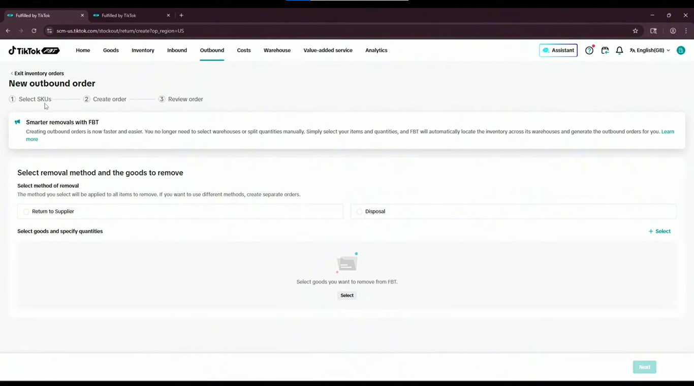TikTok Shop FBT dashboard with the option to create an outbound inventory order.
