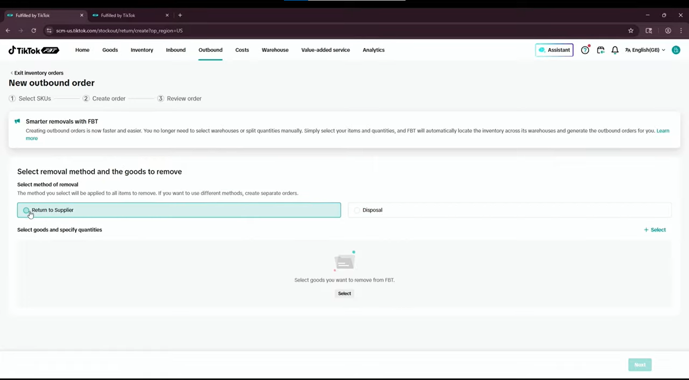 TikTok Shop FBT outbound order form for selecting inventory and a removal method.