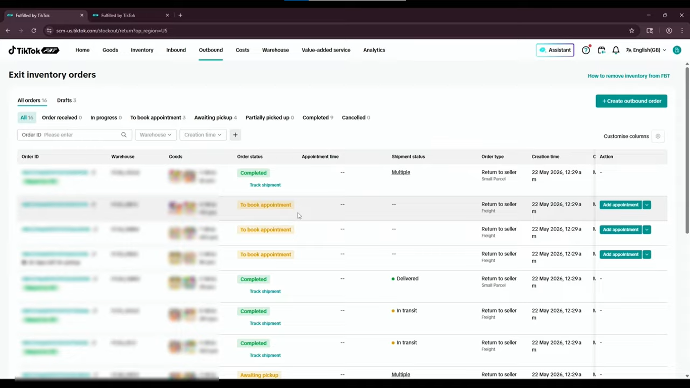 TikTok Shop FBT outbound order statuses for inventory returns and pickups.