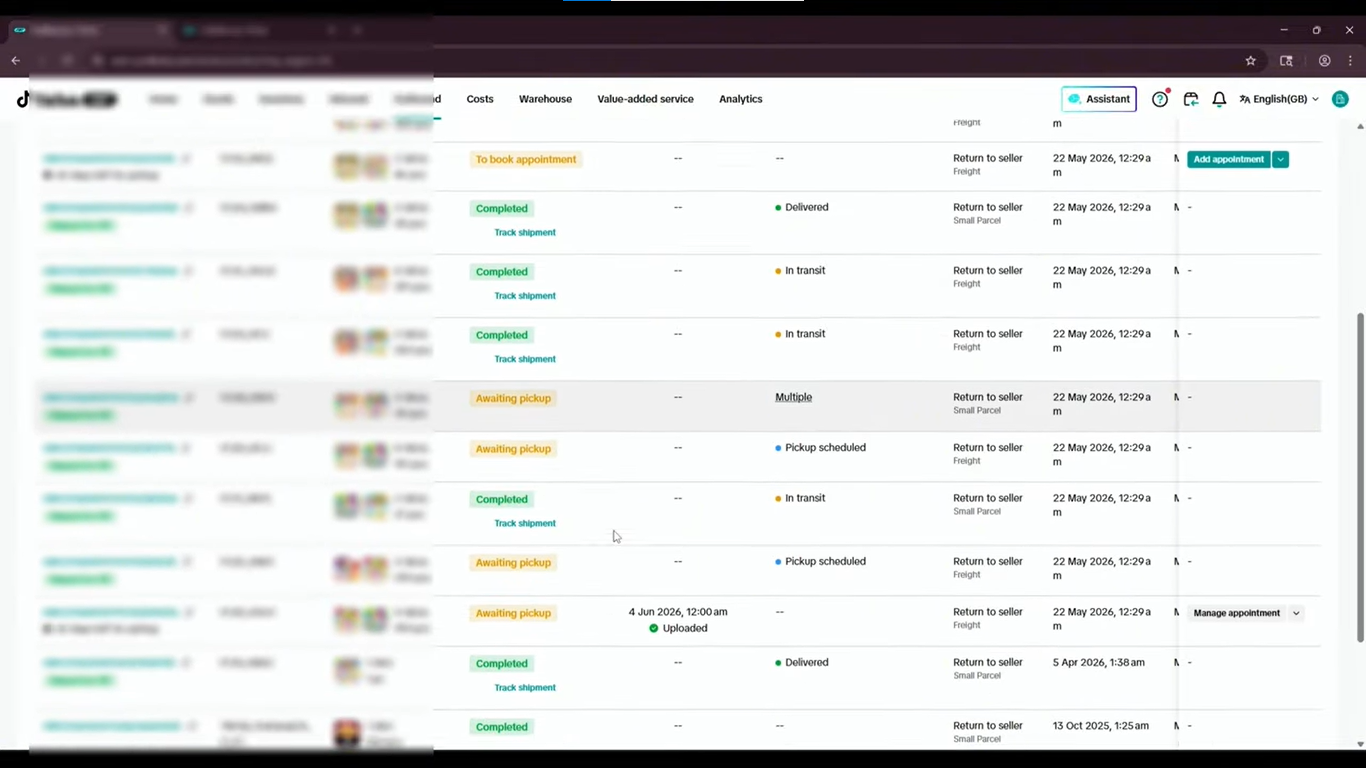 TikTok Shop FBT outbound order appointment booking screen.
